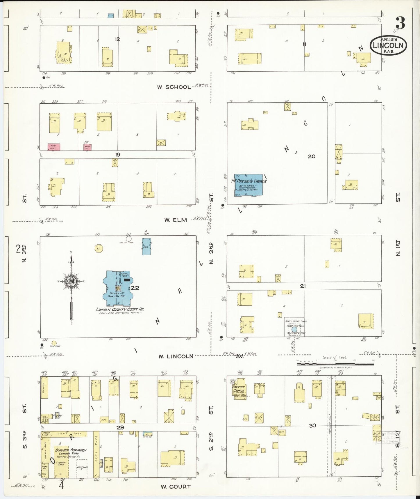 Sanborn Fire Insurance Map from Lincoln, Lincoln County, Kansas (1918), Sheet #0003 - Complete Map Set gallery image, historic Sanborn map, vintage wall art, Kansas Kansas