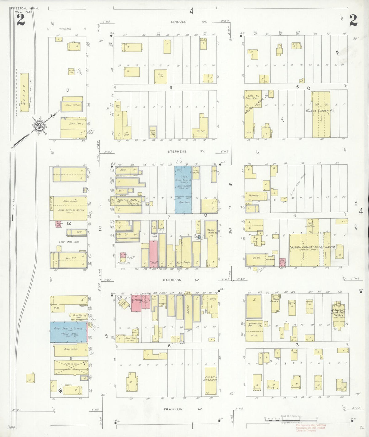 Sanborn Fire Insurance Map from Fosston, Polk County, Minnesota (1936), Sheet #0002 - Complete Map Set gallery image, historic Sanborn map, vintage wall art, Minnesota Minnesota