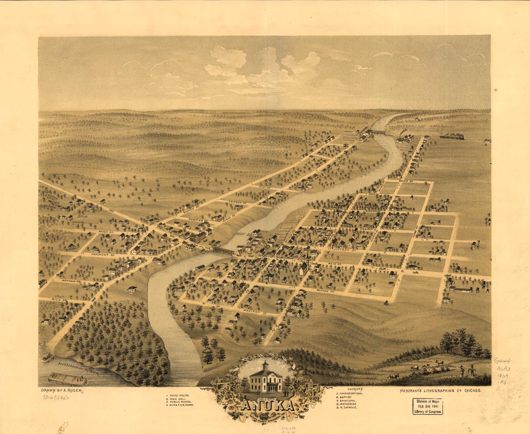 Bird's eye view of Anoka, Anoka County, Minnesota 1869. (1869) – Historic Bird’s-Eye View Panorama Print