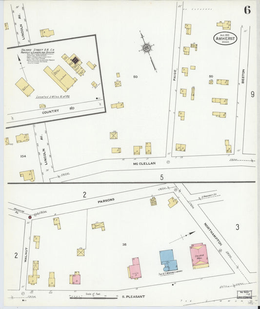 Sanborn Fire Insurance Map from Amherst, Hampshire County, Massachusetts (1910), Sheet #0006 - Historic Sanborn Fire Insurance Map Print, vintage old map wall art, antique decor, genealogy gift, Massachusetts Massachusetts map