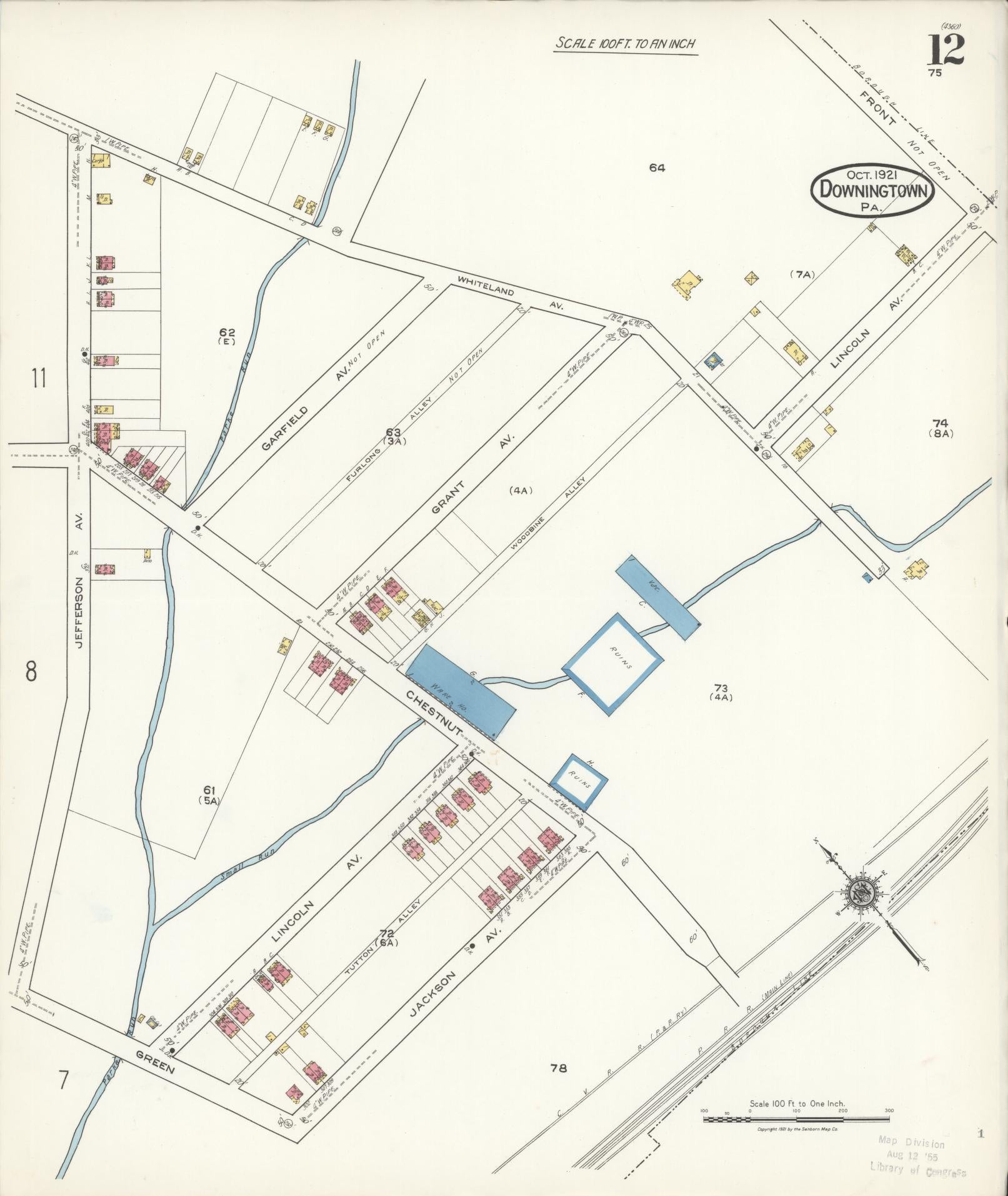Sanborn Fire Insurance Map from Downingtown, Chester County, Pennsylvania (1921), Sheet #0012 - Historic Sanborn Fire Insurance Map Print, vintage old map wall art, antique decor, genealogy gift, Pennsylvania Pennsylvania map
