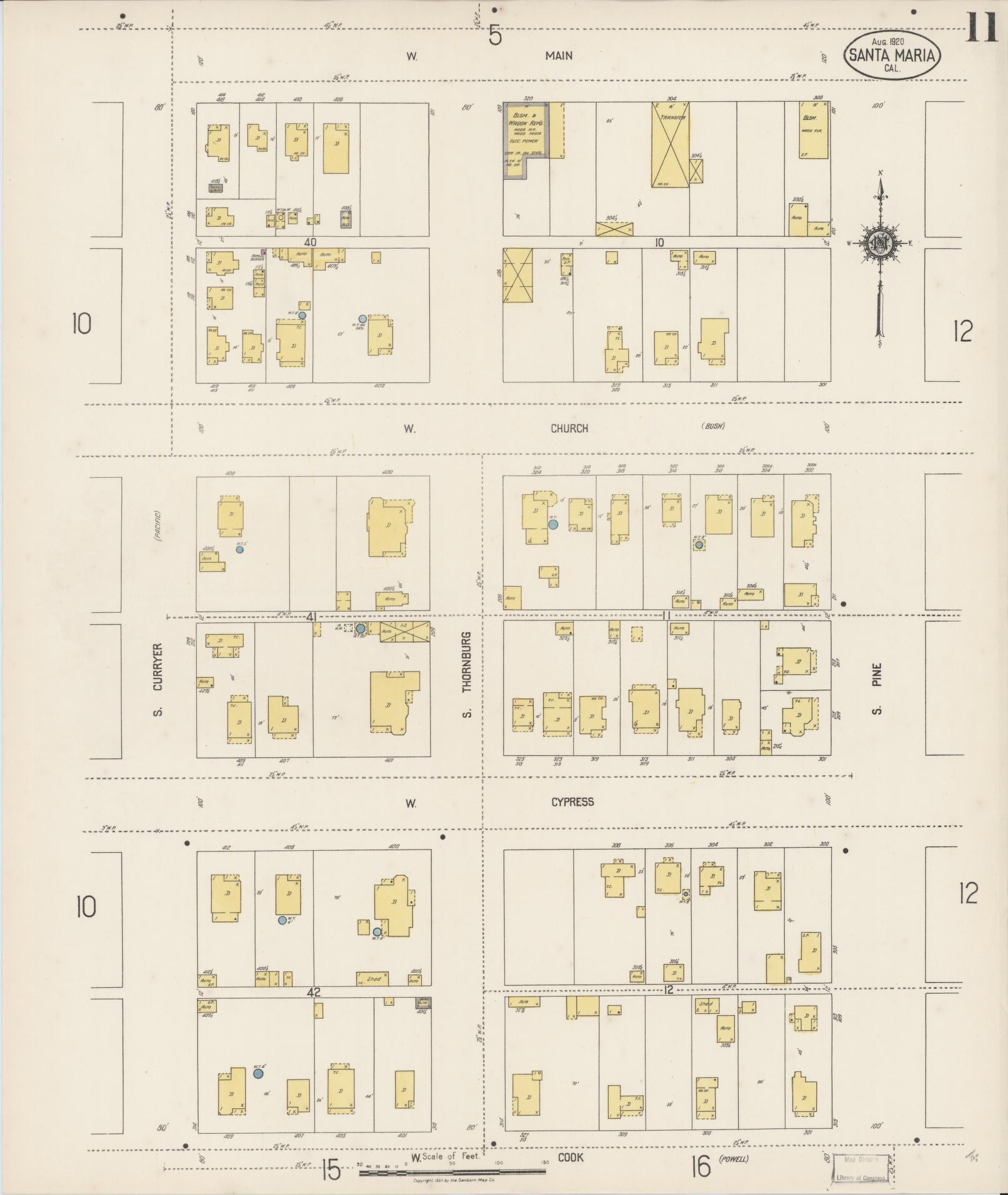 Sanborn Fire Insurance Map from Santa Maria, Santa Barbara County, California (1920), Sheet #0011 - Complete Map Set gallery image, historic Sanborn map, vintage wall art, California California