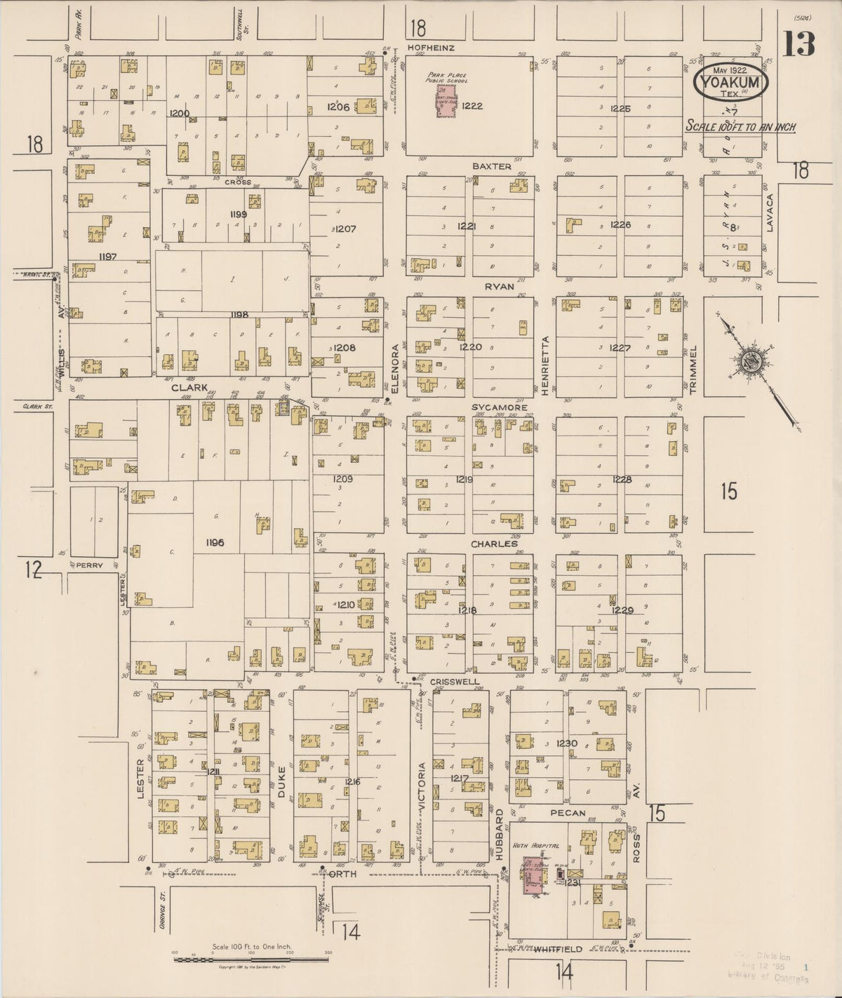 Sanborn Fire Insurance Map from Yoakum, De Witt And Lavaca Counties, Texas (1922), Sheet #0013 - Historic Sanborn Fire Insurance Map Print, vintage old map wall art, antique decor, genealogy gift, Texas Texas map