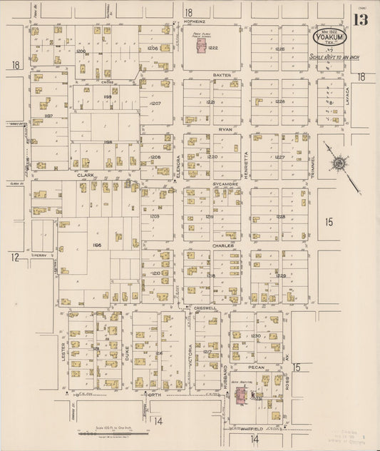 Sanborn Fire Insurance Map from Yoakum, De Witt And Lavaca Counties, Texas (1922), Sheet #0013 - Historic Sanborn Fire Insurance Map Print, vintage old map wall art, antique decor, genealogy gift, Texas Texas map