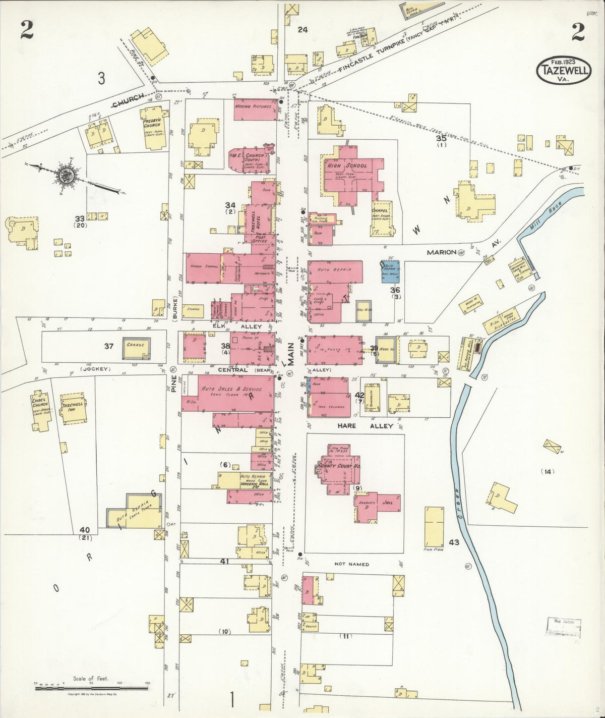 Sanborn Fire Insurance Map from Tazewell, Tazewell County, Virginia (1923), Sheet #0002 - Historic Sanborn Fire Insurance Map Print, vintage old map wall art, antique decor, genealogy gift, Virginia Virginia map