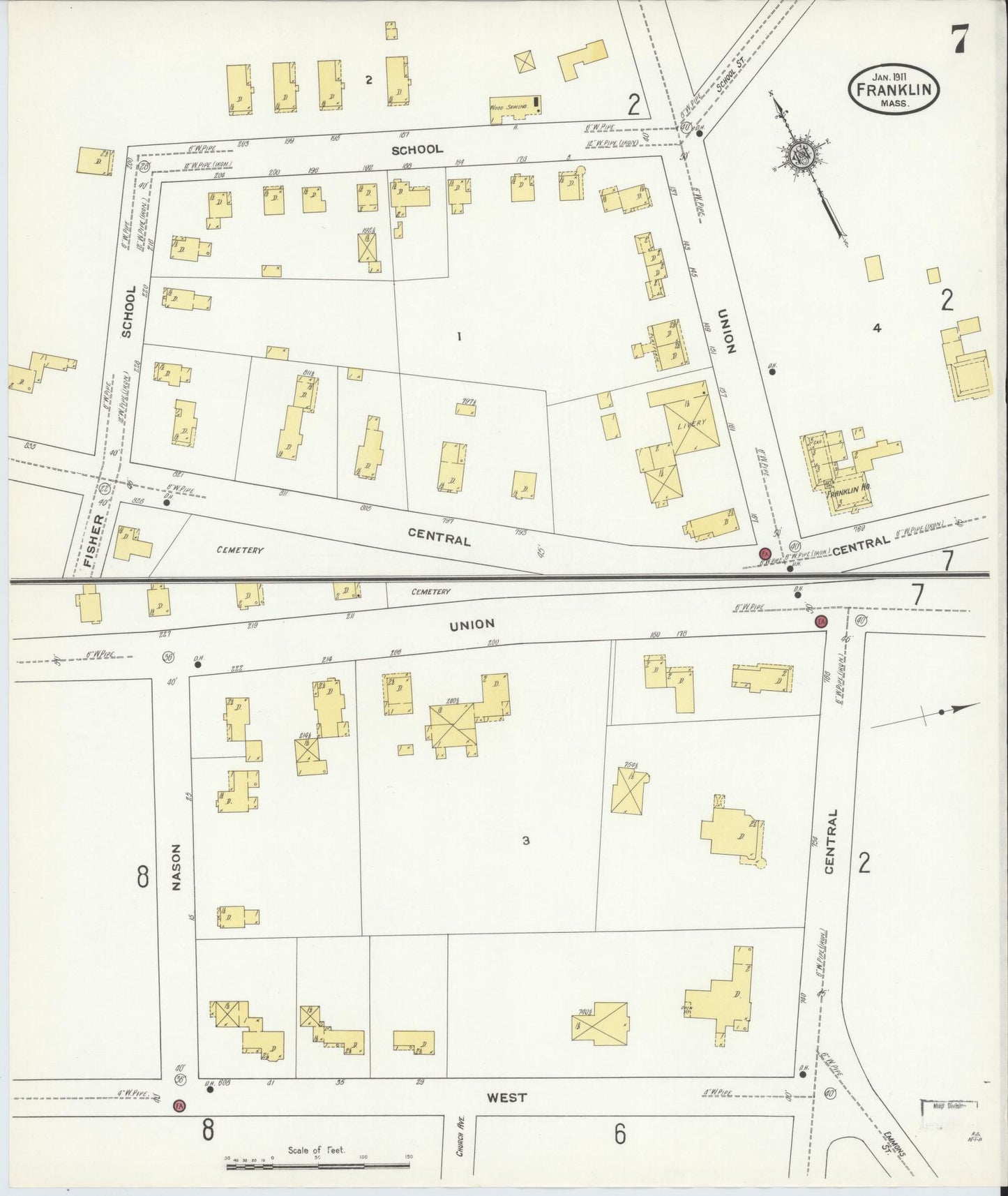 Sanborn Fire Insurance Map from Franklin, Norfolk County, Massachusetts (1911), Sheet #0007 - Complete Map Set gallery image, historic Sanborn map, vintage wall art, Massachusetts Massachusetts