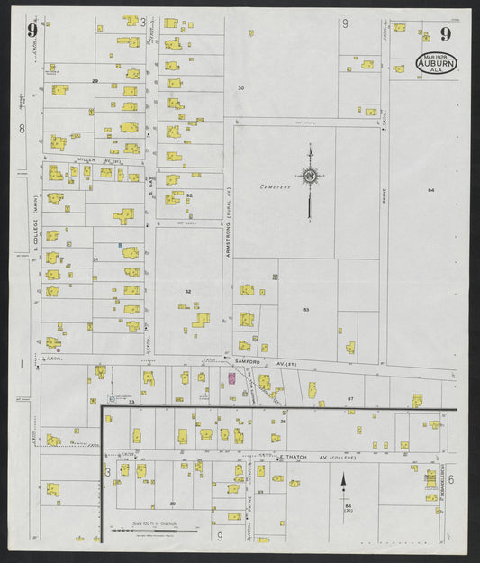 Sanborn Fire Insurance Map from Auburn, Lee County, Alabama (1928), Sheet #0009 - Historic Sanborn Fire Insurance Map Print, vintage old map wall art, antique decor, genealogy gift, Alabama Alabama map