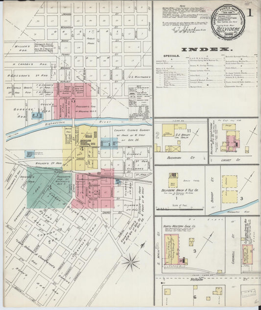 Sanborn Fire Insurance Map from Belvidere, Boone County, Illinois (1892), Sheet #0001 - Historic Sanborn Fire Insurance Map Print, vintage old map wall art, antique decor, genealogy gift, Illinois Illinois map