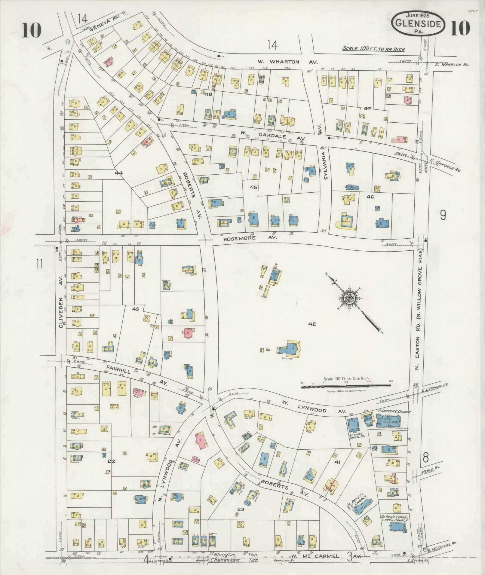 Sanborn Fire Insurance Map from Glenside, Montgomery County, Pennsylvania (1925), Sheet #0010 - Historic Sanborn Fire Insurance Map Print, vintage old map wall art, antique decor, genealogy gift, Pennsylvania Pennsylvania map