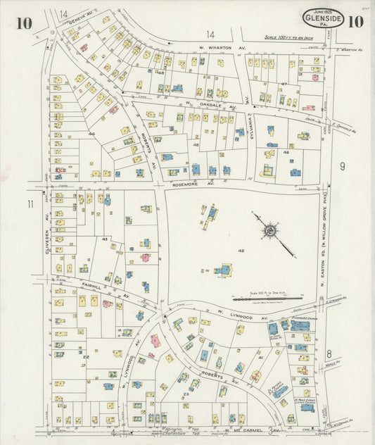 Sanborn Fire Insurance Map from Glenside, Montgomery County, Pennsylvania (1925), Sheet #0010 - Historic Sanborn Fire Insurance Map Print, vintage old map wall art, antique decor, genealogy gift, Pennsylvania Pennsylvania map