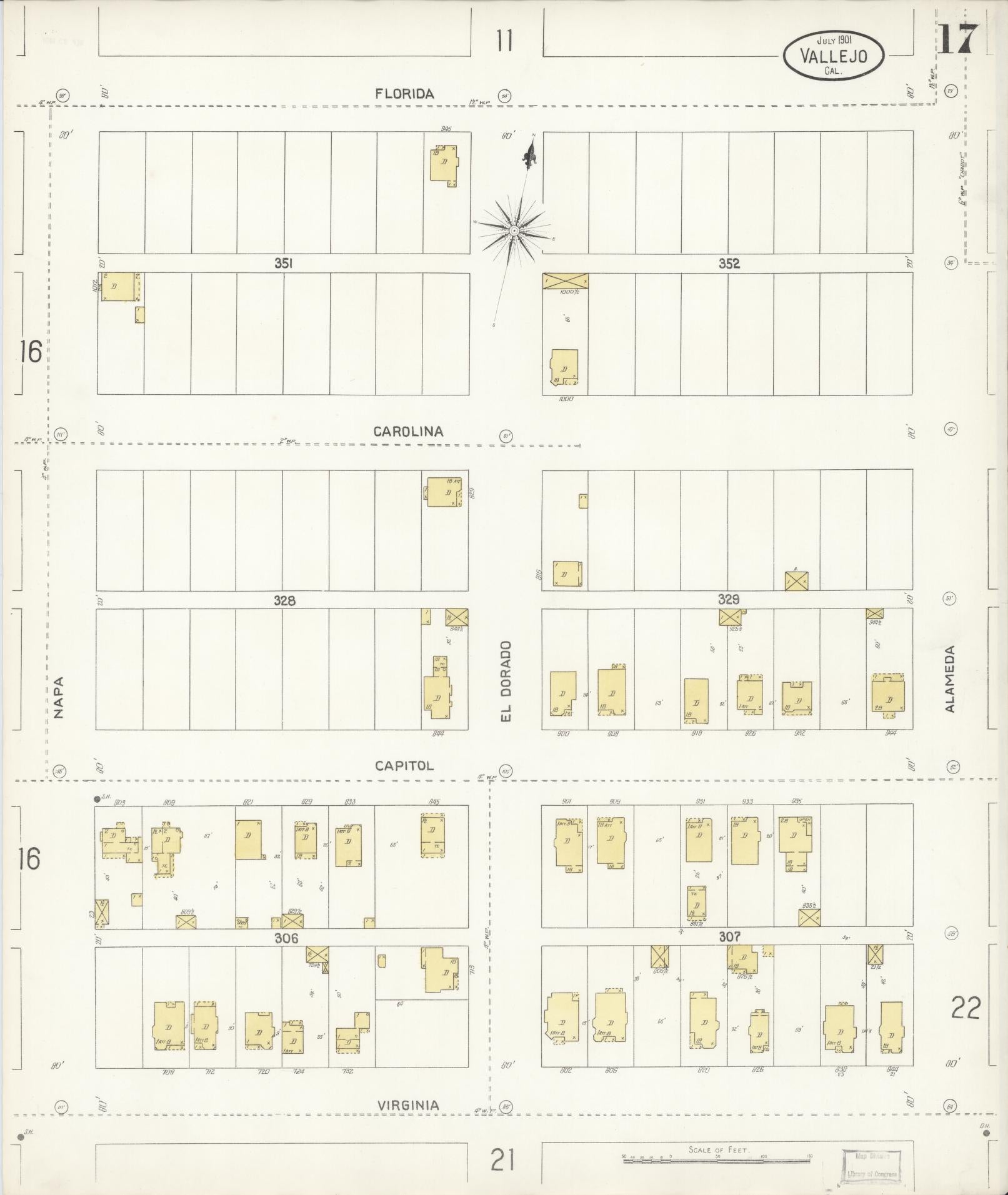 Sanborn Fire Insurance Map from Vallejo, Solano County, California (1901), Sheet #0017 - Complete Map Set gallery image, historic Sanborn map, vintage wall art, California California