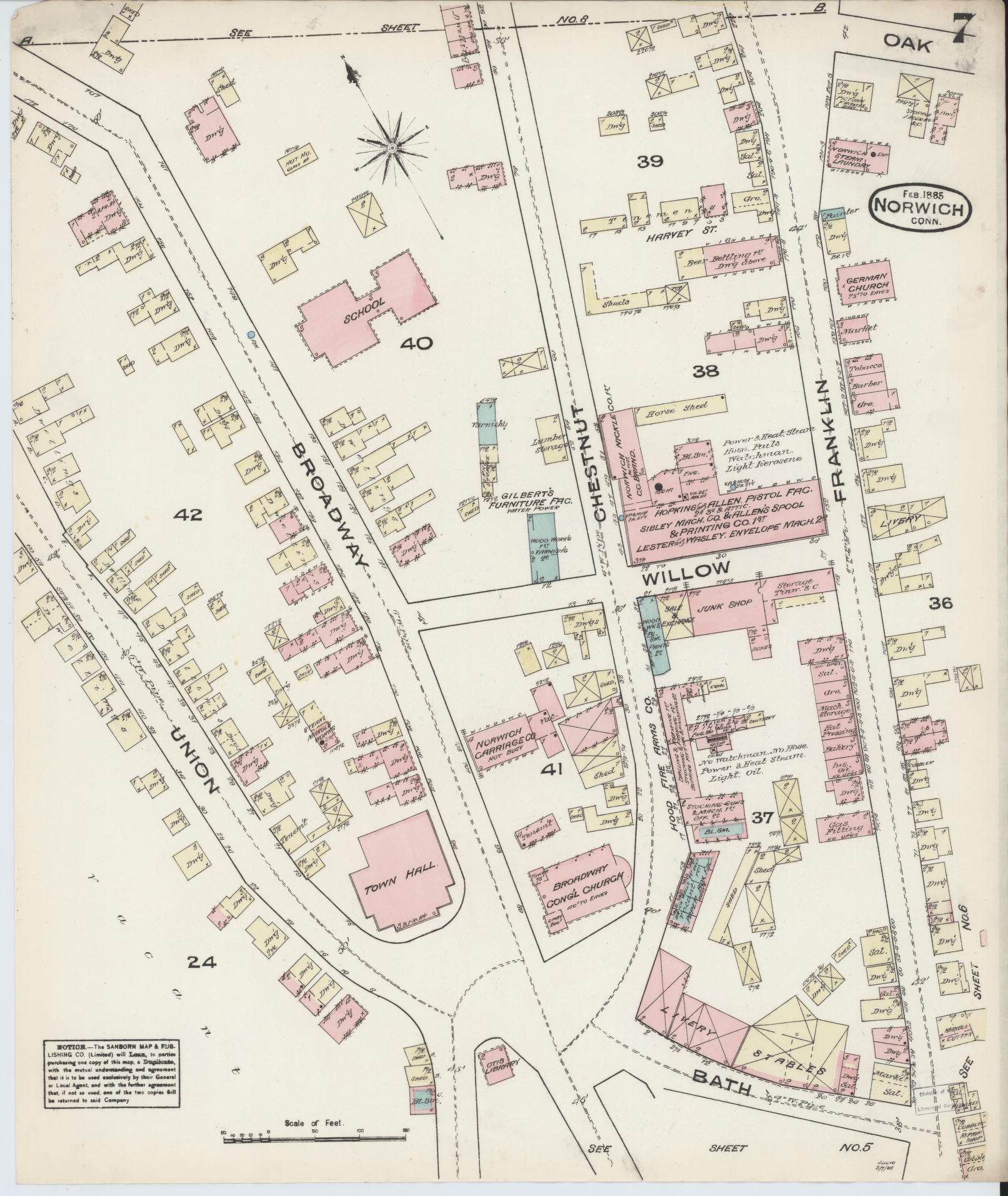 Sanborn Fire Insurance Map from Norwich, New London County, Connecticut (1885), Sheet #0007 - Historic Sanborn Fire Insurance Map Print, vintage old map wall art, antique decor, genealogy gift, Connecticut Connecticut map