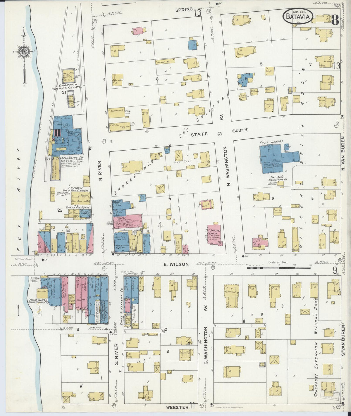 Sanborn Fire Insurance Map from Batavia, Kane County, Illinois (1916), Sheet #0008 - Historic Sanborn Fire Insurance Map Print, vintage old map wall art, antique decor, genealogy gift, Illinois Illinois map