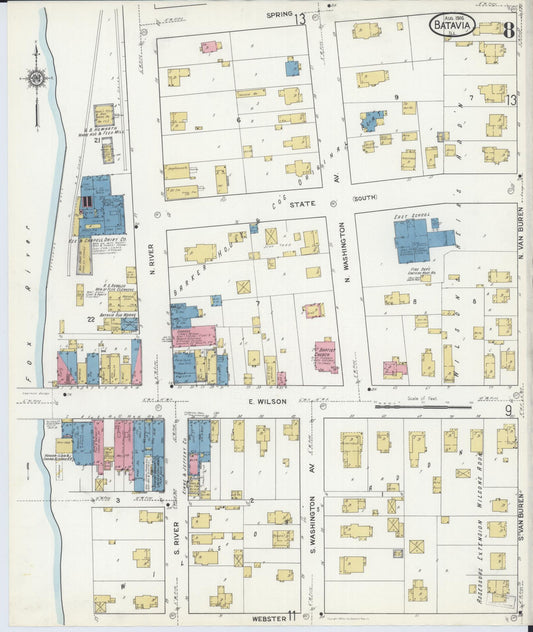 Sanborn Fire Insurance Map from Batavia, Kane County, Illinois (1916), Sheet #0008 - Historic Sanborn Fire Insurance Map Print, vintage old map wall art, antique decor, genealogy gift, Illinois Illinois map