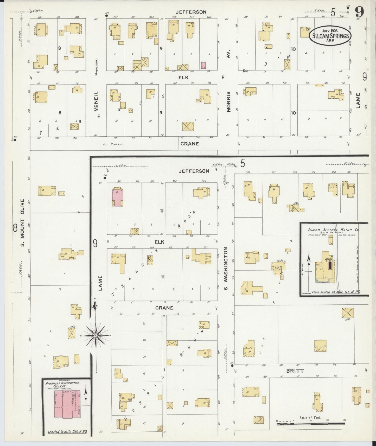 Sanborn Fire Insurance Map from Siloam Springs, Benton County, Arkansas (1908), Sheet #0009 - Historic Sanborn Fire Insurance Map Print, vintage old map wall art, antique decor, genealogy gift, Arkansas Arkansas map