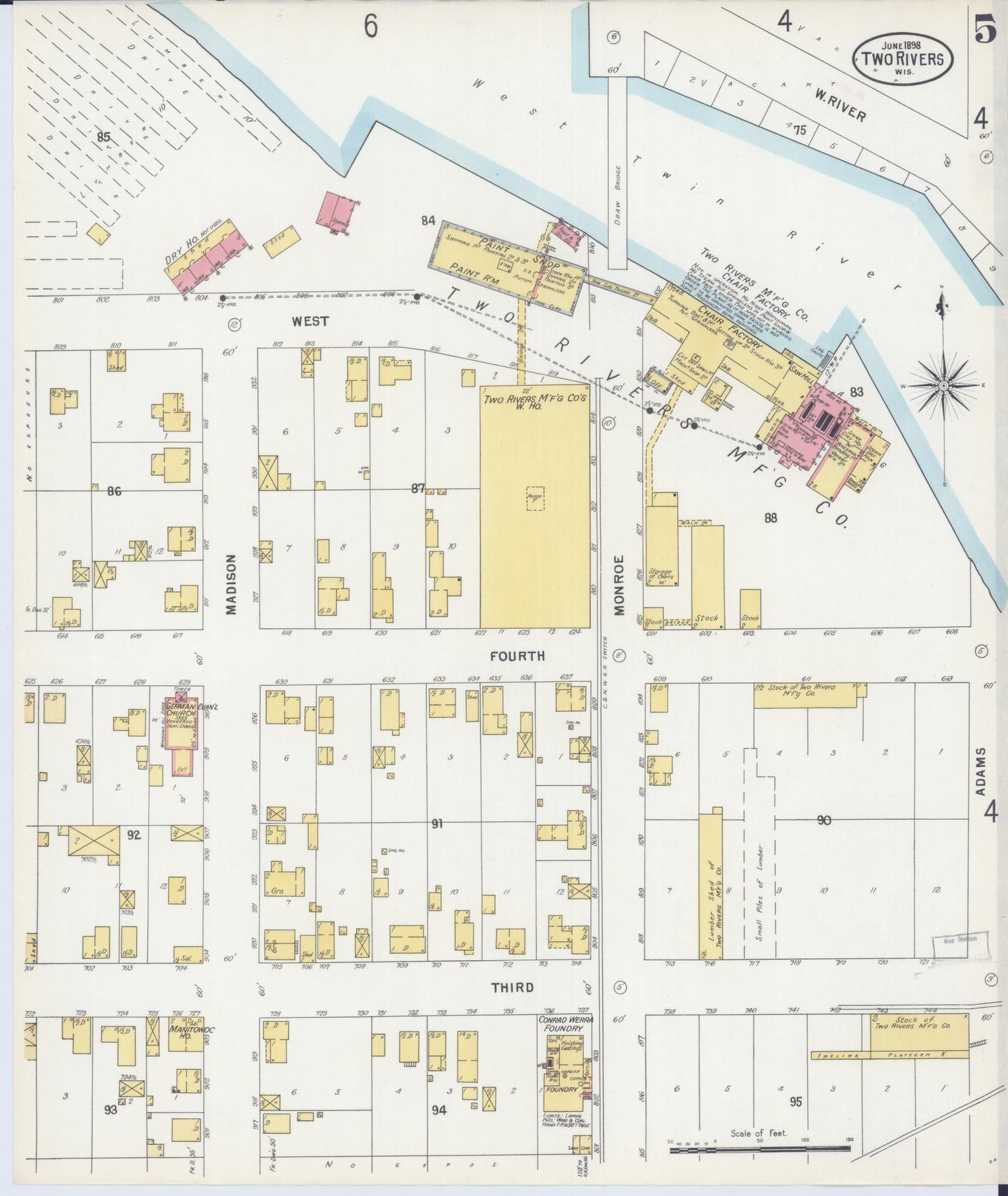 Sanborn Fire Insurance Map from Two Rivers, Manitowoc County, Wisconsin (1898), Sheet #0005 - Complete Map Set gallery image, historic Sanborn map, vintage wall art, Wisconsin Wisconsin