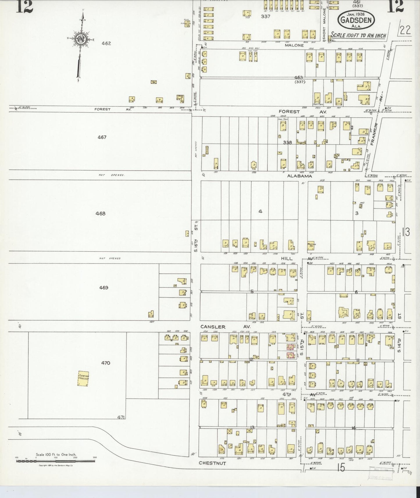 Sanborn Fire Insurance Map from Gadsden, Etowah County, Alabama (1926), Sheet #0012 - Complete Map Set gallery image, historic Sanborn map, vintage wall art, Alabama Alabama