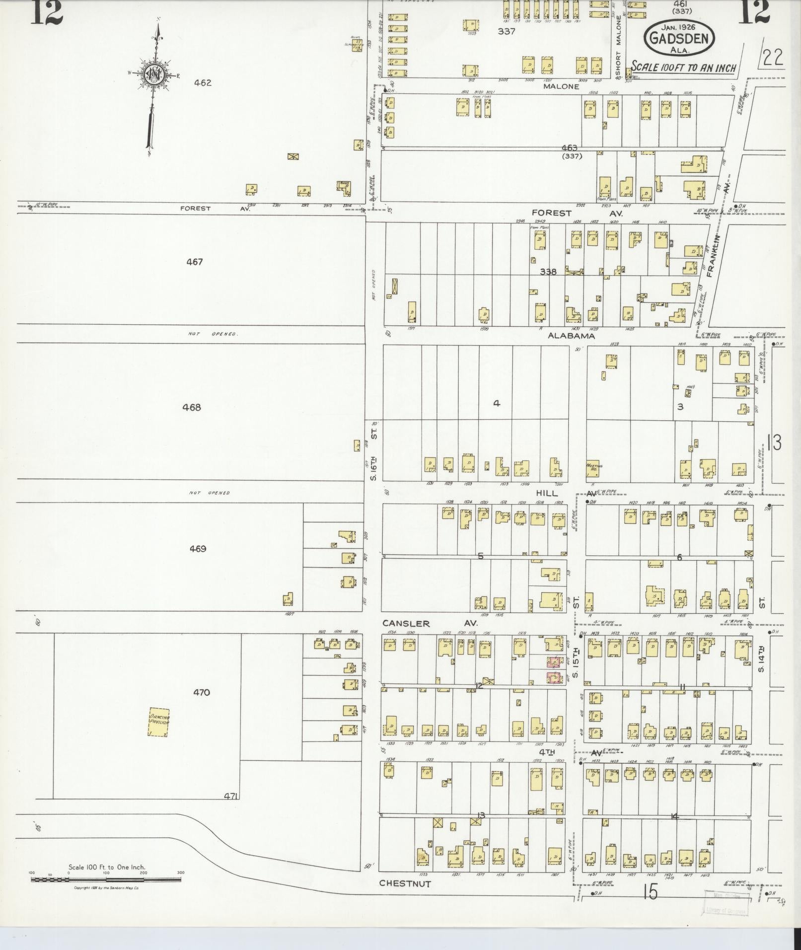 Sanborn Fire Insurance Map from Gadsden, Etowah County, Alabama (1926), Sheet #0012 - Complete Map Set gallery image, historic Sanborn map, vintage wall art, Alabama Alabama