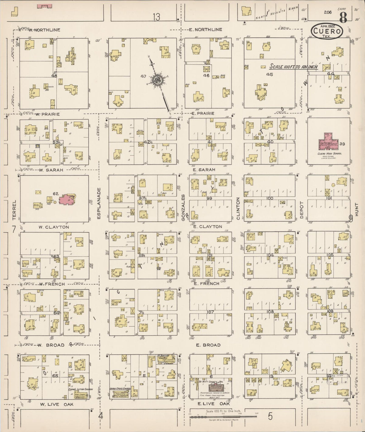 Sanborn Fire Insurance Map from Cuero, De Witt County, Texas (1922), Sheet #0008 - Complete Map Set gallery image, historic Sanborn map, vintage wall art, Texas Texas