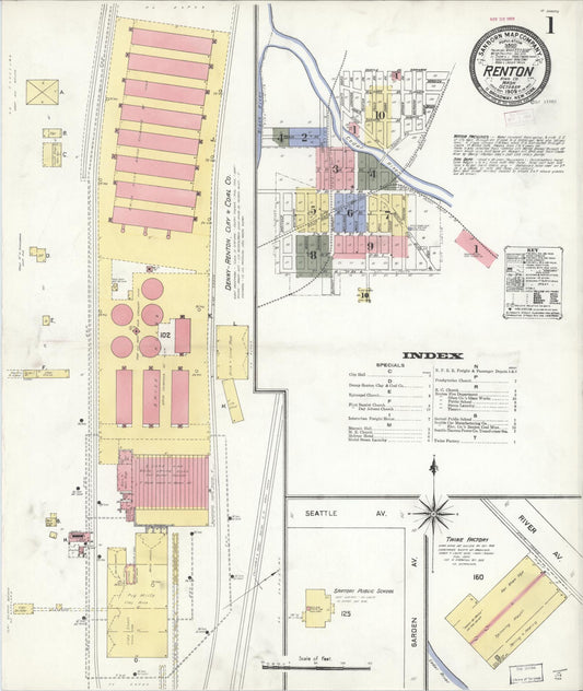 Sanborn Fire Insurance Map from Renton, King County, Washington (1909), Sheet #0001 - Historic Sanborn Fire Insurance Map Print, vintage old map wall art, antique decor, genealogy gift, Washington Washington map