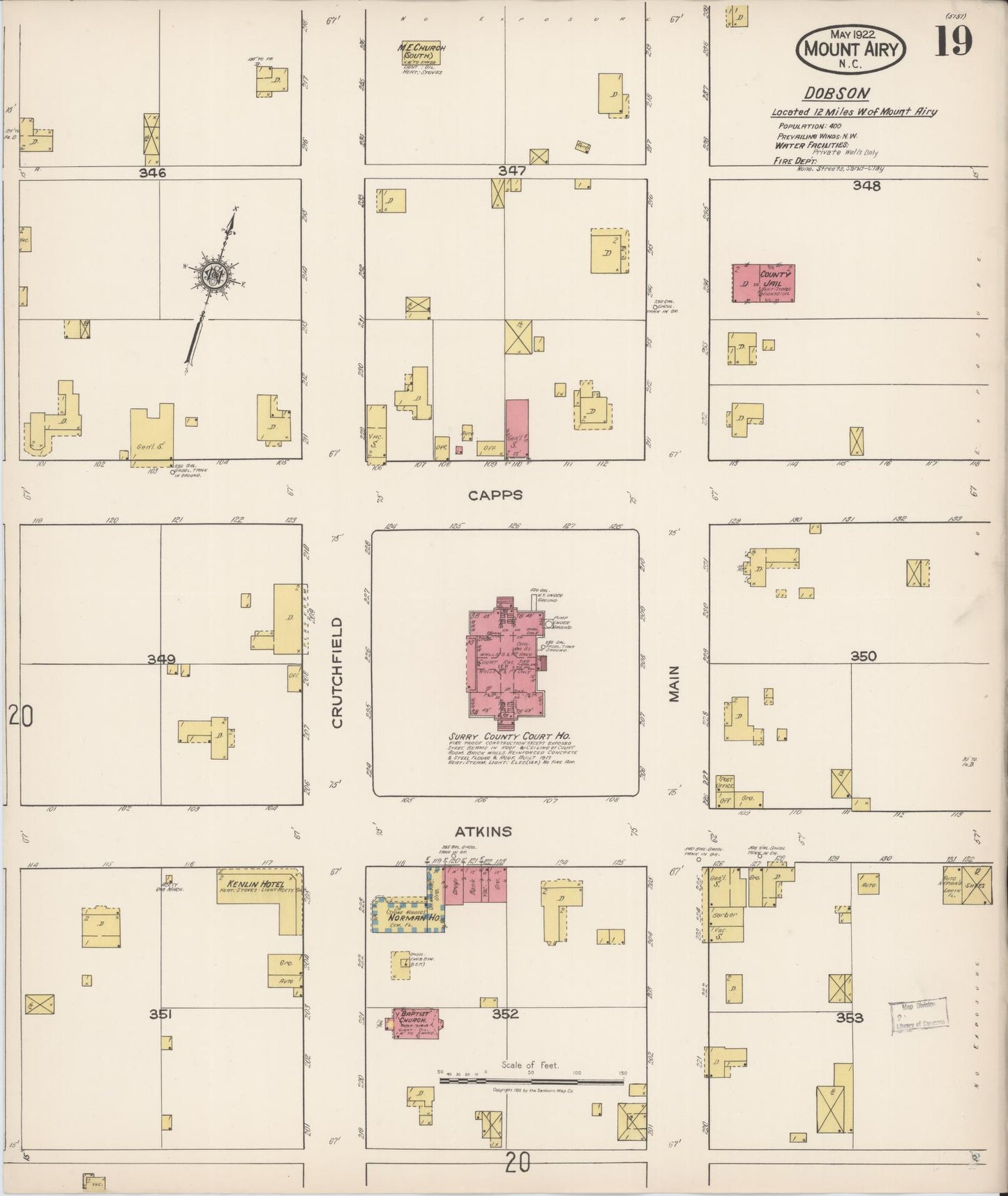 Sanborn Fire Insurance Map from Mount Airy, Surry County, North Carolina (1922), Sheet #0019 - Historic Sanborn Fire Insurance Map Print, vintage old map wall art, antique decor, genealogy gift, North Carolina North Carolina map