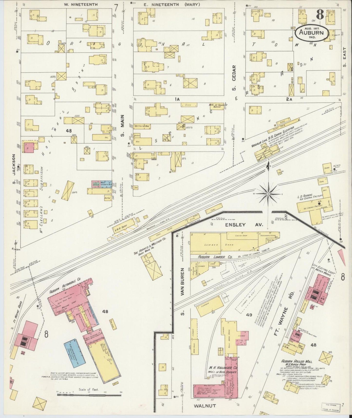Sanborn Fire Insurance Map from Auburn, De Kalb County, Indiana (1907), Sheet #0008 - Historic Sanborn Fire Insurance Map Print, vintage old map wall art, antique decor, genealogy gift, Indiana Indiana map
