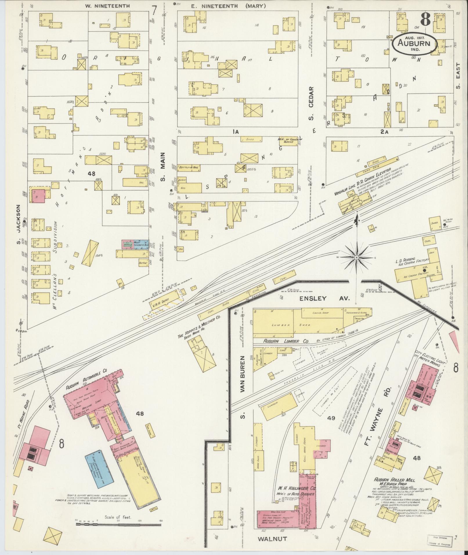 Sanborn Fire Insurance Map from Auburn, De Kalb County, Indiana (1907), Sheet #0008 - Historic Sanborn Fire Insurance Map Print, vintage old map wall art, antique decor, genealogy gift, Indiana Indiana map