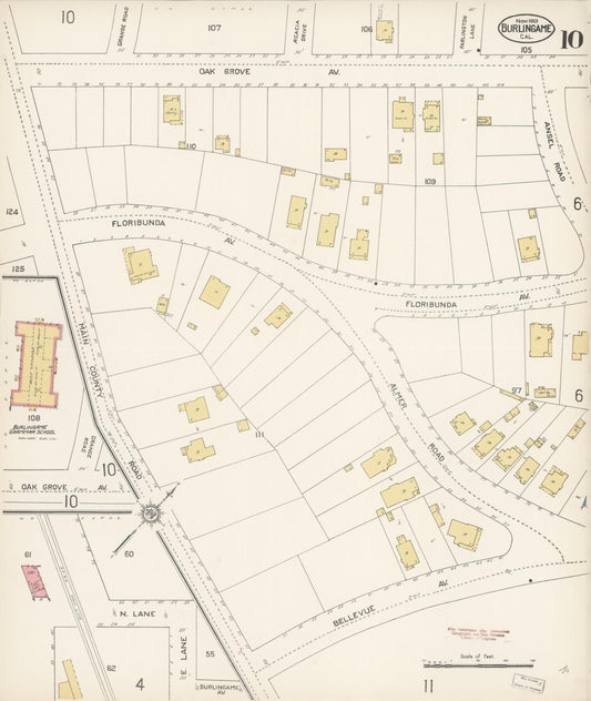 Sanborn Fire Insurance Map from Burlingame, San Mateo County, California (1913), Sheet #0010 - Historic Sanborn Fire Insurance Map Print, vintage old map wall art, antique decor, genealogy gift, California California map