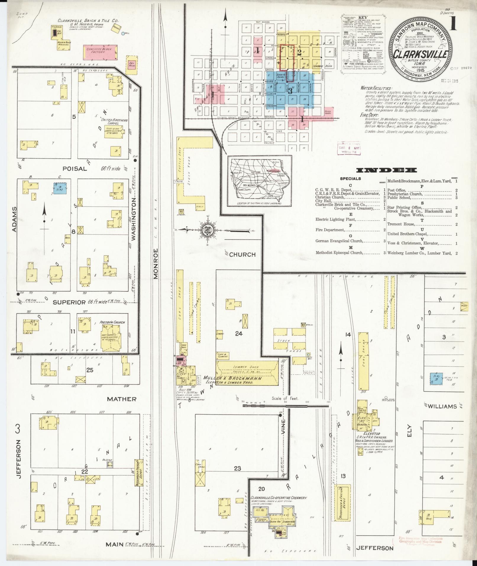 Sanborn Fire Insurance Map from Clarksville, Butler County, Iowa (1915), Sheet #0001 - Historic Sanborn Fire Insurance Map Print, vintage old map wall art