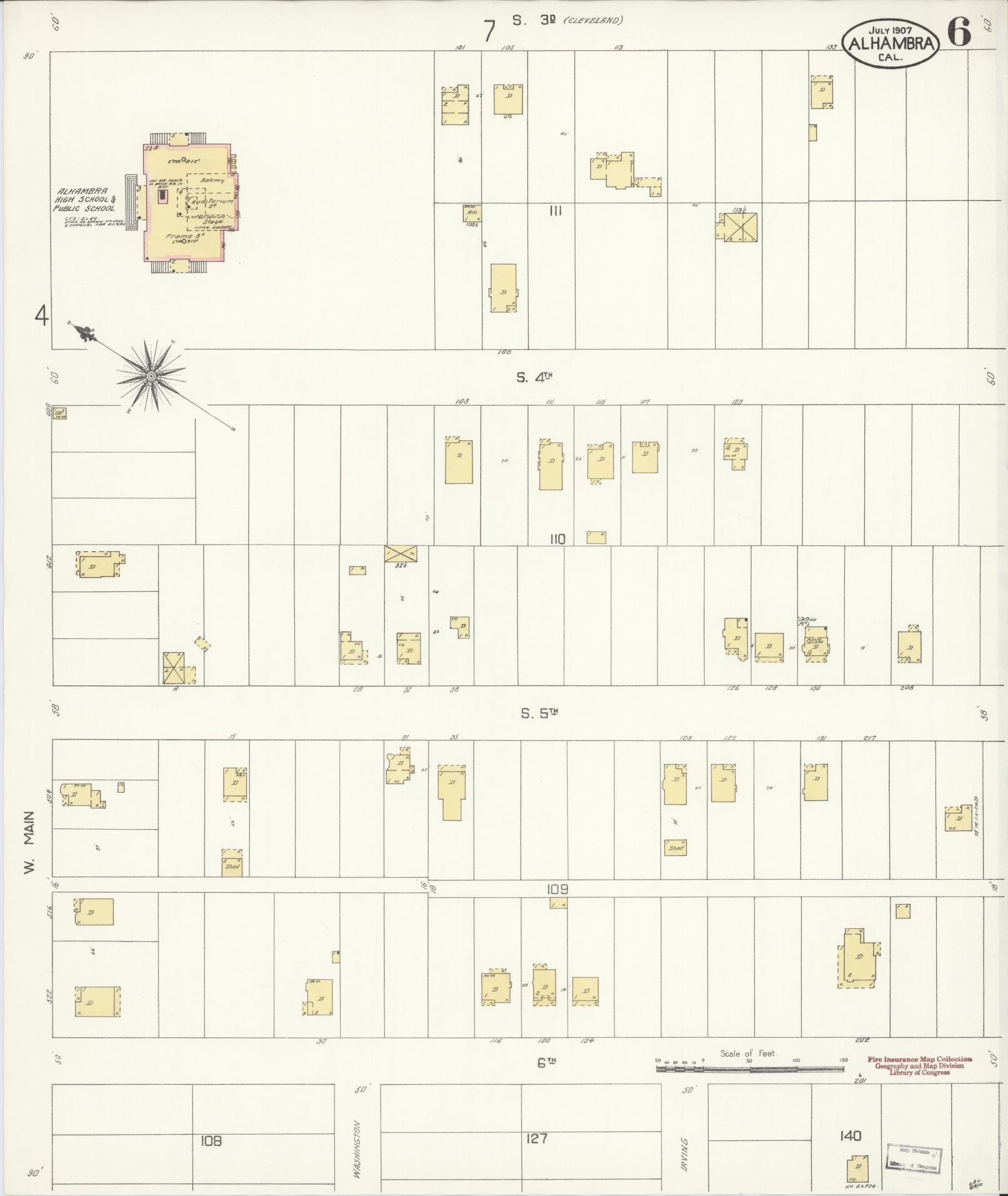Sanborn Fire Insurance Map from Alhambra, Los Angeles County, California (1907), Sheet #0006 - Historic Sanborn Fire Insurance Map Print, vintage old map wall art, antique decor, genealogy gift, California California map