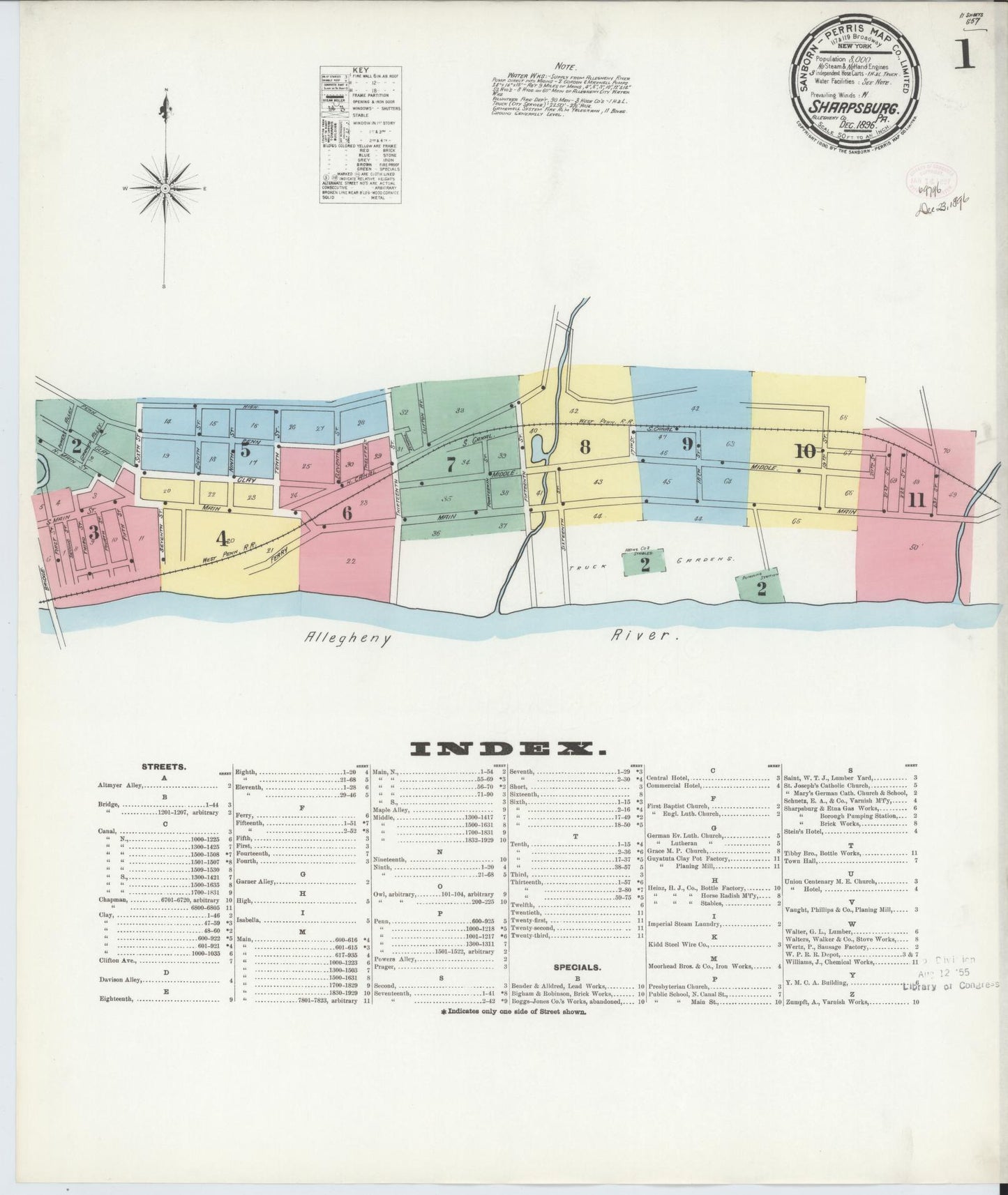 Sanborn Fire Insurance Map from Sharpsburg, Allegheny County, Pennsylvania (1896), Sheet #0001 - Historic Sanborn Fire Insurance Map Print, vintage old map wall art, antique decor, genealogy gift, Pennsylvania Pennsylvania map