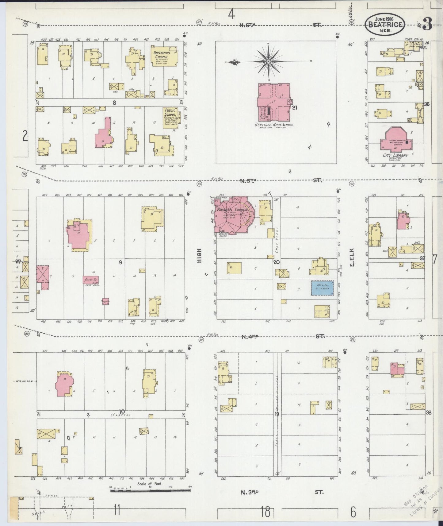 Sanborn Fire Insurance Map from Beatrice, Gage County, Nebraska (1906), Sheet #0003 - Historic Sanborn Fire Insurance Map Print, vintage old map wall art, antique decor, genealogy gift, Nebraska Nebraska map