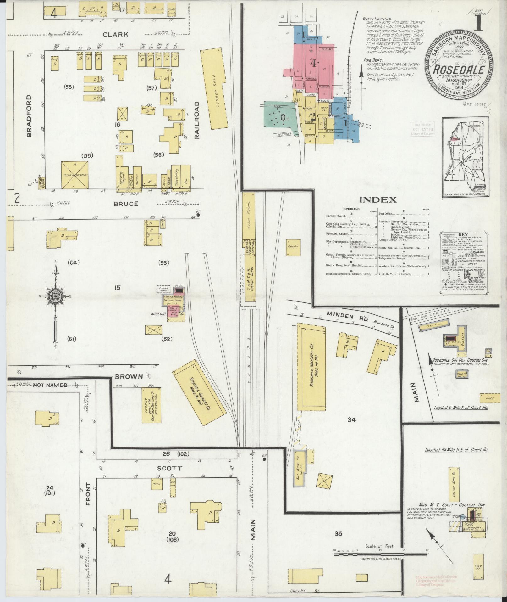 Sanborn Fire Insurance Map from Rosedale, Bolivar County, Mississippi (1918), Sheet #0001 - Complete Map Set gallery image, historic Sanborn map, vintage wall art, Mississippi Mississippi