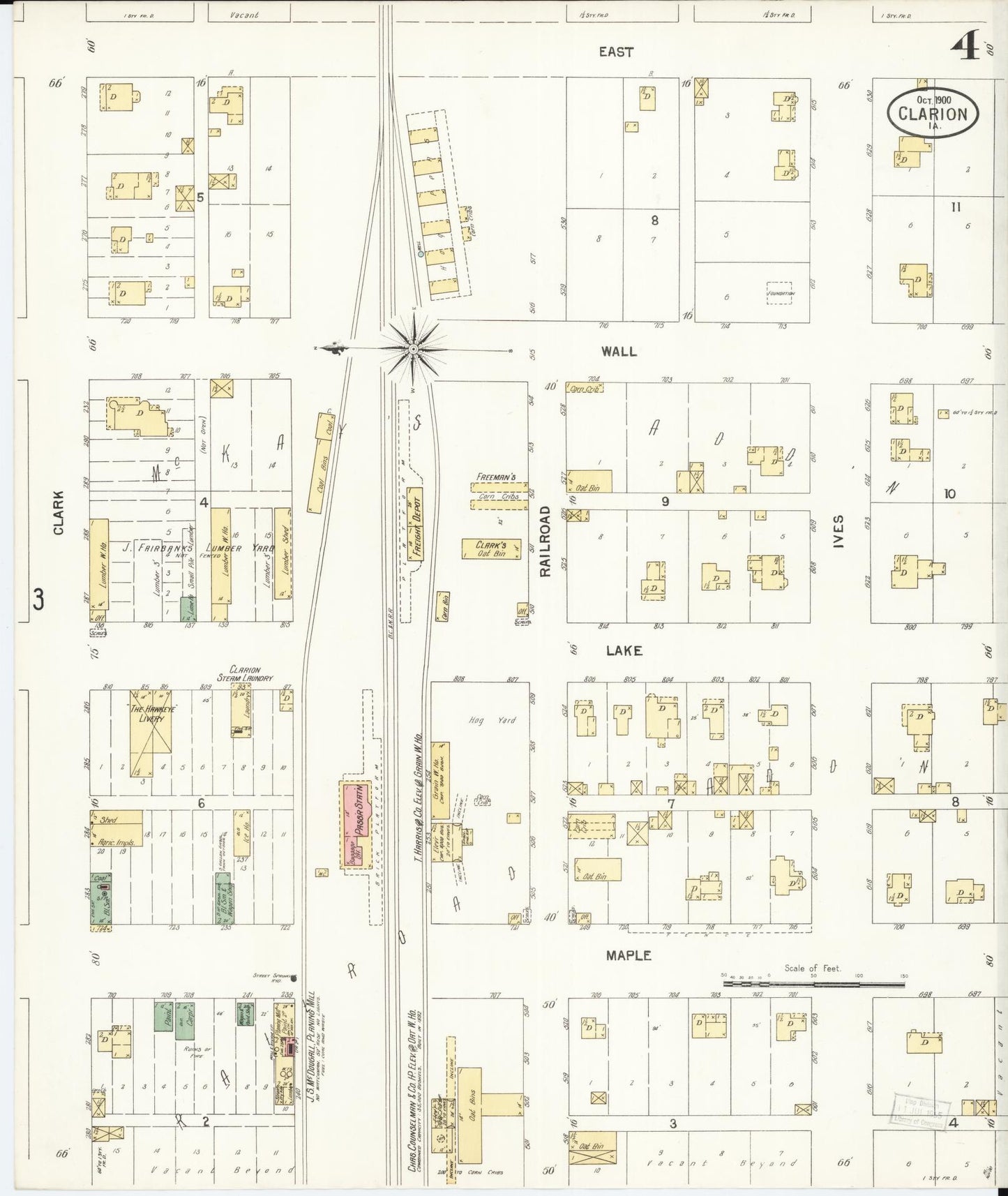 Sanborn Fire Insurance Map from Clarion, Wright County, Iowa (1900), Sheet #0004 - Historic Sanborn Fire Insurance Map Print, vintage old map wall art