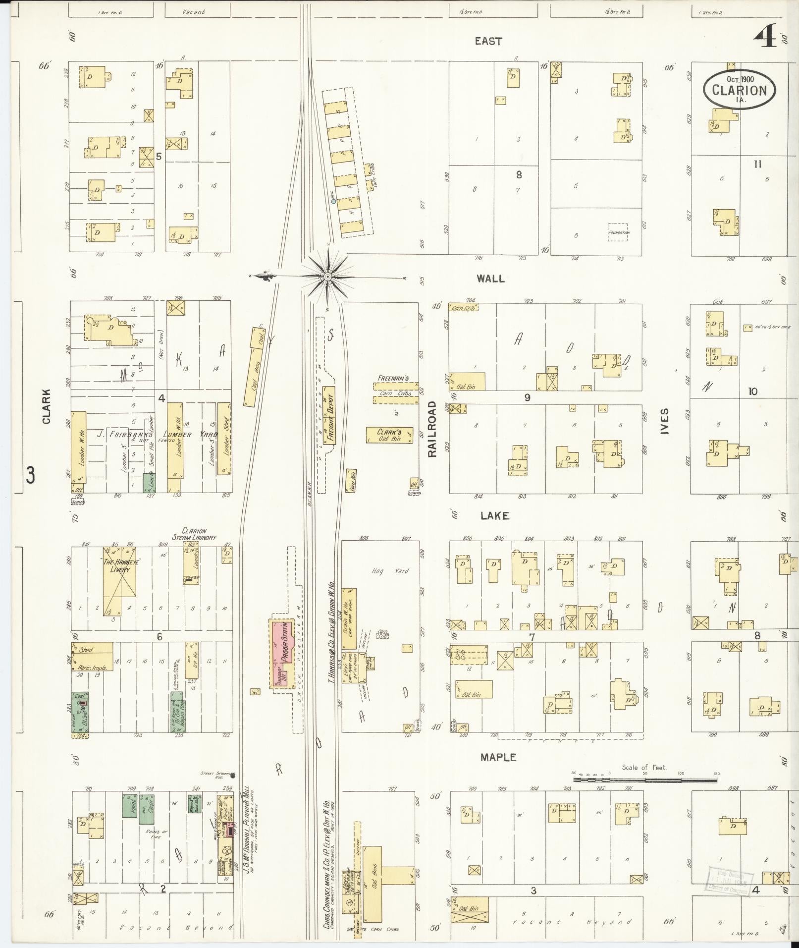 Sanborn Fire Insurance Map from Clarion, Wright County, Iowa (1900), Sheet #0004 - Historic Sanborn Fire Insurance Map Print, vintage old map wall art