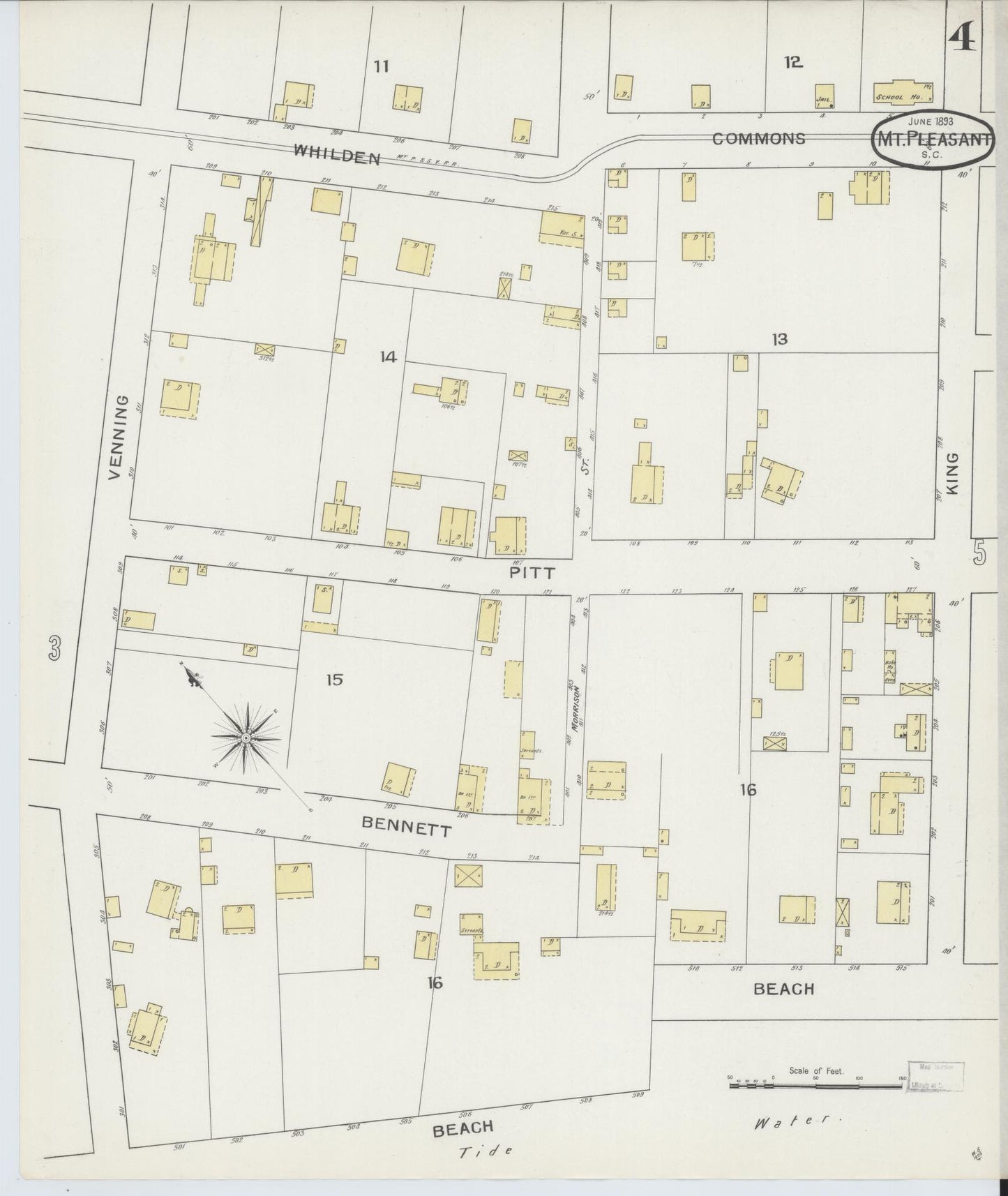 Sanborn Fire Insurance Map from Mount Pleasant, Charleston County, South Carolina (1893), Sheet #0004 - Complete Map Set gallery image, historic Sanborn map, vintage wall art, South Carolina South Carolina