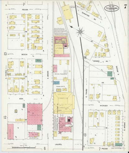 Sanborn Fire Insurance Map from Texarkana, Bowie County, Texas (1909), Sheet #0007 - Complete Map Set gallery image, historic Sanborn map, vintage wall art, Texas Texas
