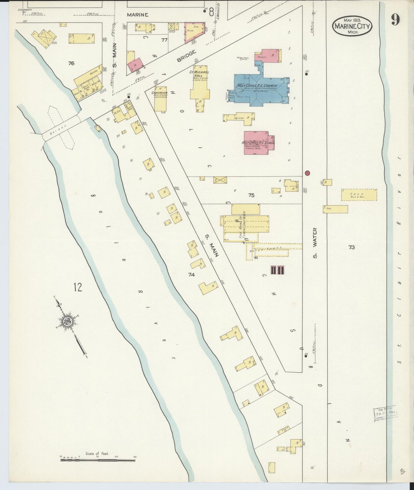 Sanborn Fire Insurance Map from Marine City, Saint Clair County, Michigan (1913), Sheet #0009 - Complete Map Set gallery image, historic Sanborn map, vintage wall art, Michigan Michigan