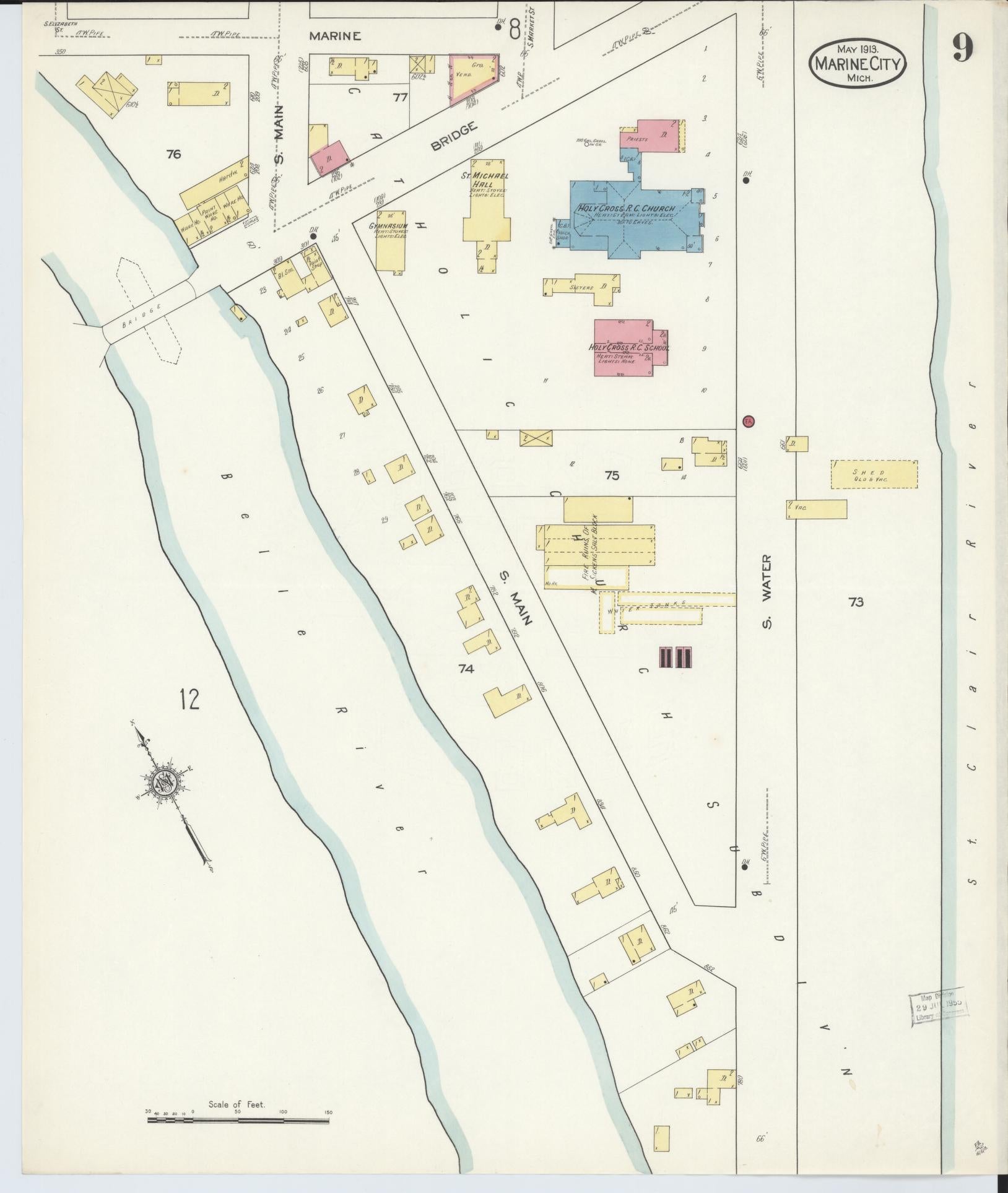 Sanborn Fire Insurance Map from Marine City, Saint Clair County, Michigan (1913), Sheet #0009 - Complete Map Set gallery image, historic Sanborn map, vintage wall art, Michigan Michigan