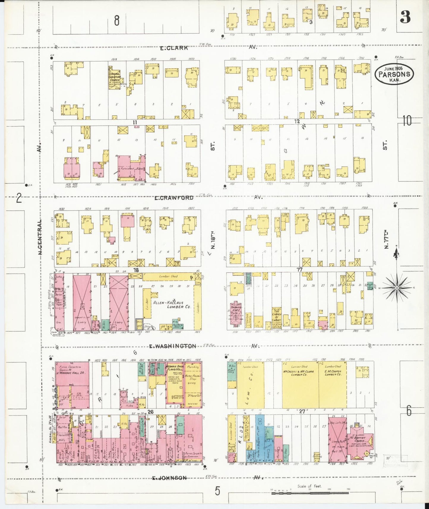 Sanborn Fire Insurance Map from Parsons, Labette County, Kansas (1905), Sheet #0003 - Complete Map Set gallery image, historic Sanborn map, vintage wall art, Kansas Kansas