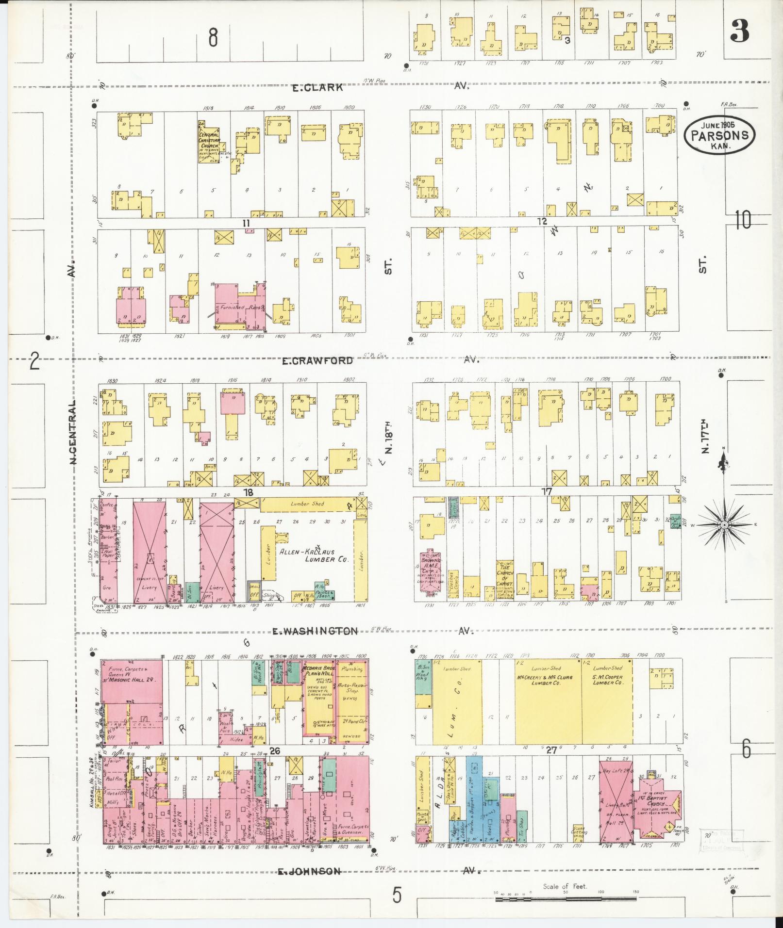 Sanborn Fire Insurance Map from Parsons, Labette County, Kansas (1905), Sheet #0003 - Complete Map Set gallery image, historic Sanborn map, vintage wall art, Kansas Kansas