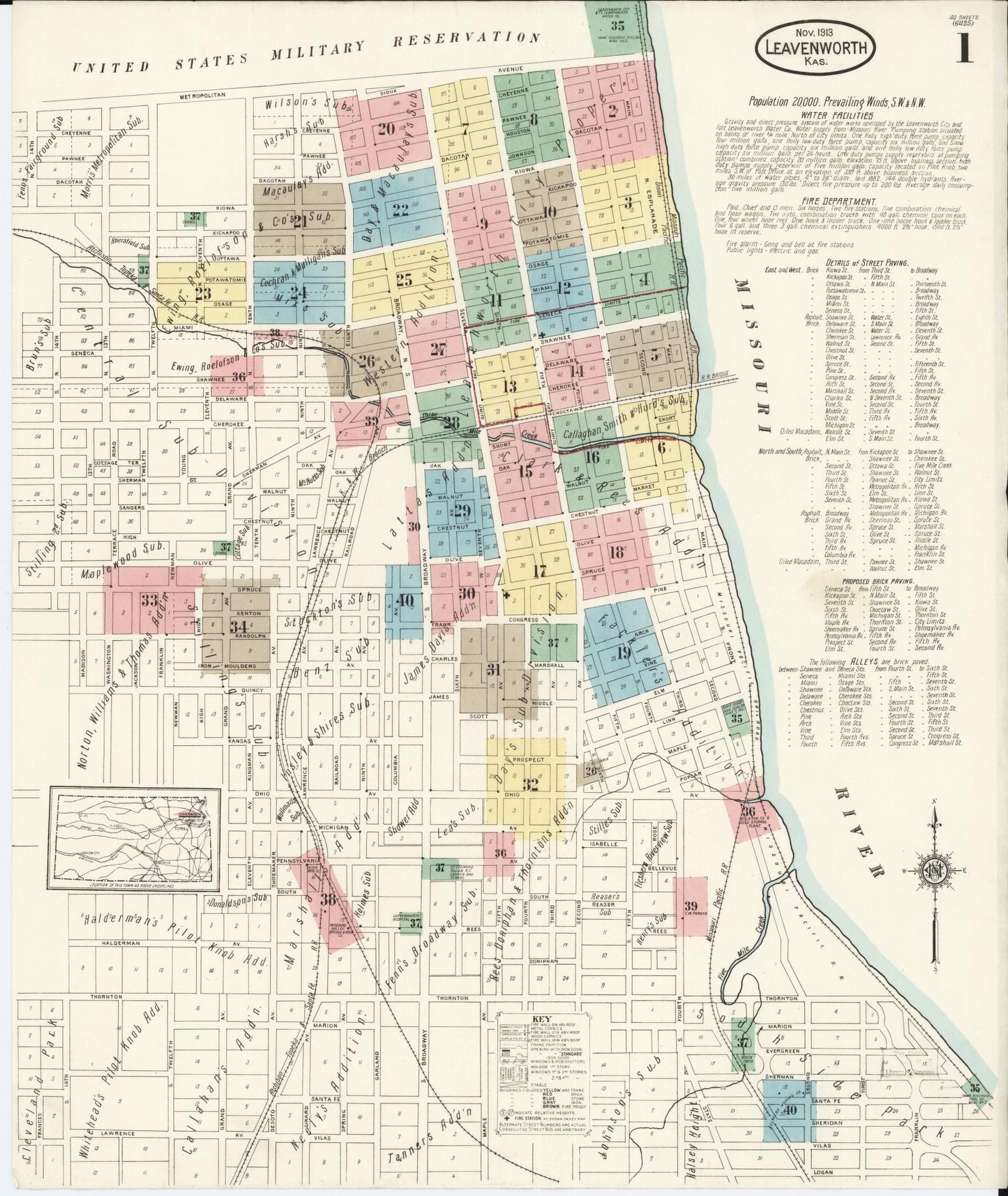 Sanborn Fire Insurance Map from Leavenworth, Leavenworth County, Kansas (1913), Sheet #0002 - Historic Sanborn Fire Insurance Map Print, vintage old map wall art, antique decor, genealogy gift, Kansas Kansas map