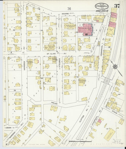 Sanborn Fire Insurance Map from Steubenville, Jefferson County, Ohio (1913), Sheet #0037 - Historic Sanborn Fire Insurance Map Print, vintage old map wall art, antique decor, genealogy gift, Ohio Ohio map