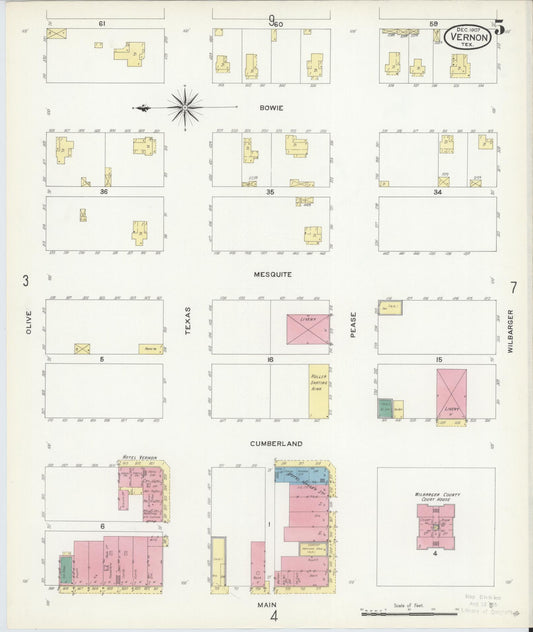 Sanborn Fire Insurance Map from Vernon, Wilbarger County, Texas (1907), Sheet #0005 - Historic Sanborn Fire Insurance Map Print, vintage old map wall art, antique decor, genealogy gift, Texas Texas map