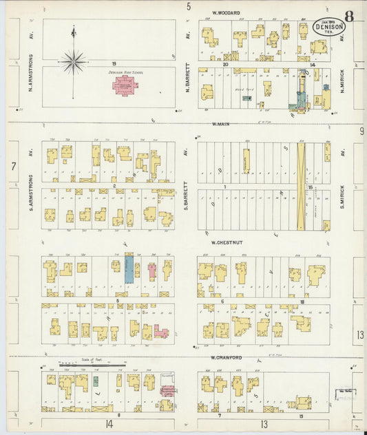 Sanborn Fire Insurance Map from Denison, Grayson County, Texas (1903), Sheet #0008 - Historic Sanborn Fire Insurance Map Print, vintage old map wall art, antique decor, genealogy gift, Texas Texas map