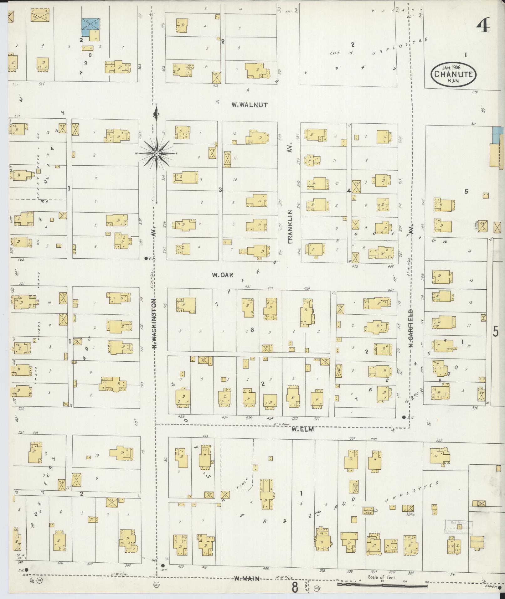 Sanborn Fire Insurance Map from Chanute, Neosho County, Kansas (1906), Sheet #0004 - Historic Sanborn Fire Insurance Map Print, vintage old map wall art, antique decor, genealogy gift, Kansas Kansas map