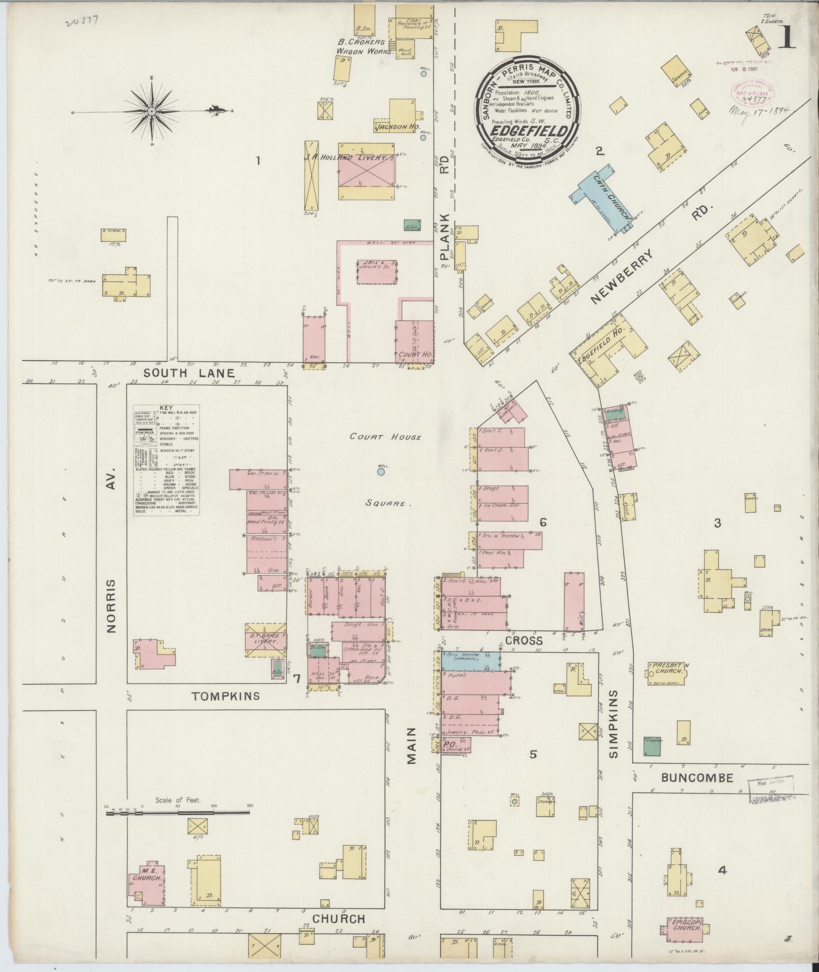 Sanborn Fire Insurance Map from Edgefield, Edgefield County, South Carolina (1894), Sheet #0001 - Historic Sanborn Fire Insurance Map Print, vintage old map wall art, antique decor, genealogy gift, South Carolina South Carolina map