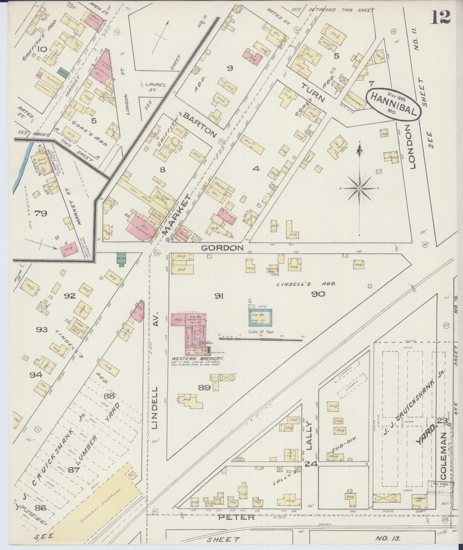 Sanborn Fire Insurance Map from Hannibal, Marion County, Missouri (1885), Sheet #0012 - Historic Sanborn Fire Insurance Map Print, vintage old map wall art, antique decor, genealogy gift, Missouri Missouri map