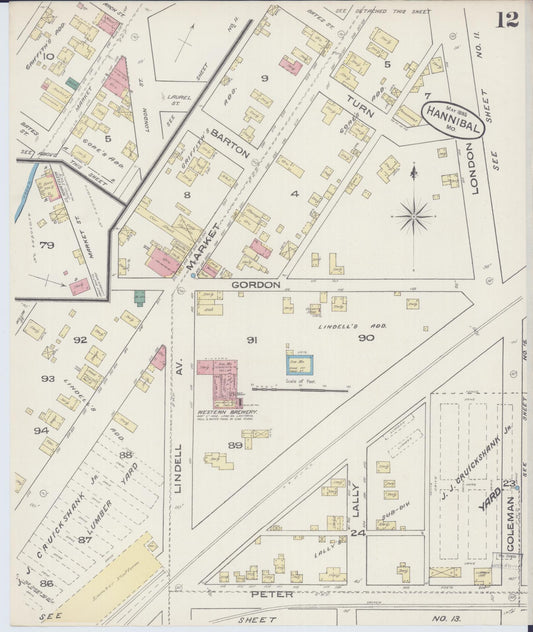 Sanborn Fire Insurance Map from Hannibal, Marion County, Missouri (1885), Sheet #0012 - Historic Sanborn Fire Insurance Map Print, vintage old map wall art, antique decor, genealogy gift, Missouri Missouri map