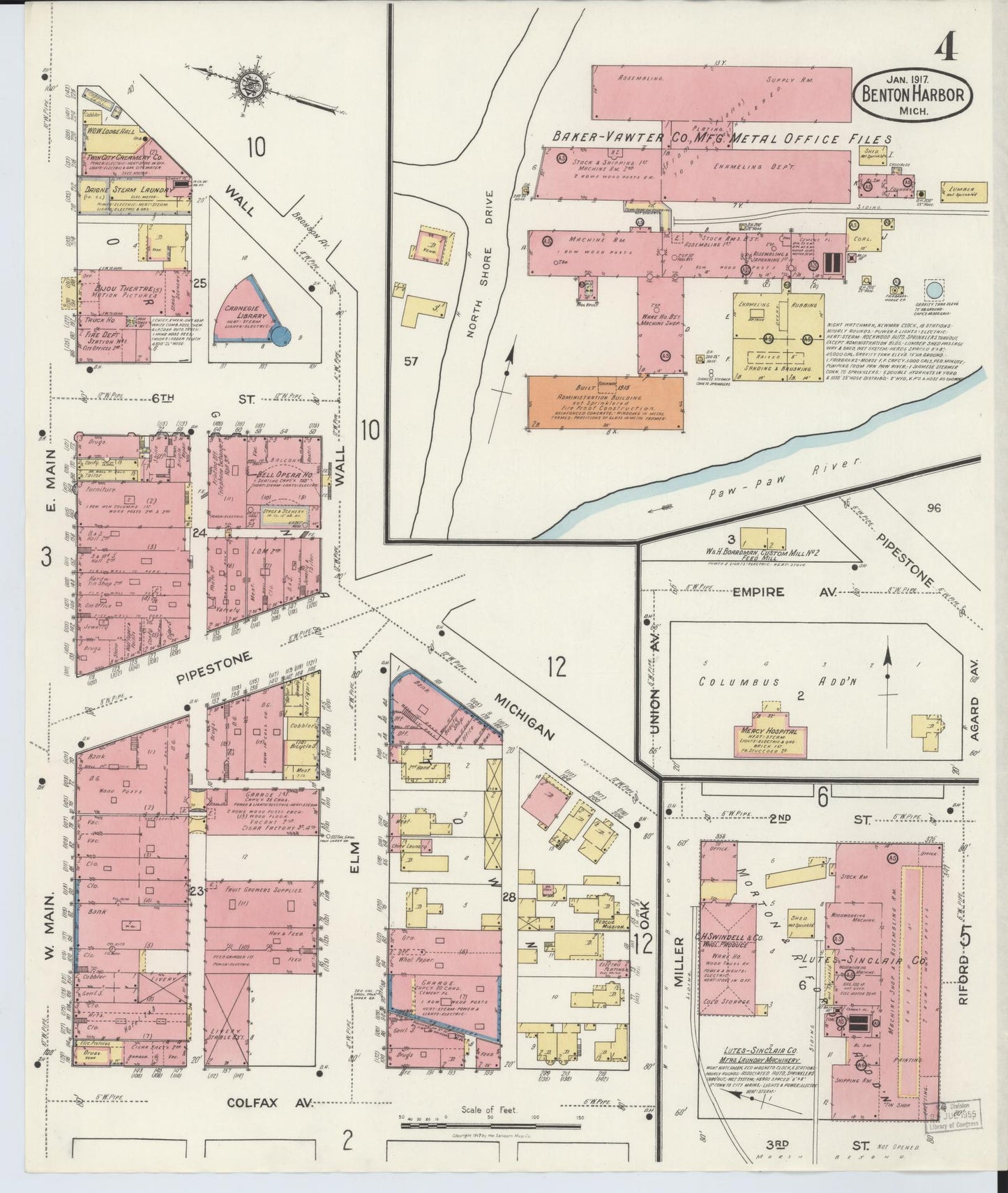 Sanborn Fire Insurance Map from Benton Harbor, Berrien County, Michigan (1917), Sheet #0004 - Historic Sanborn Fire Insurance Map Print, vintage old map wall art, antique decor, genealogy gift, Michigan Michigan map